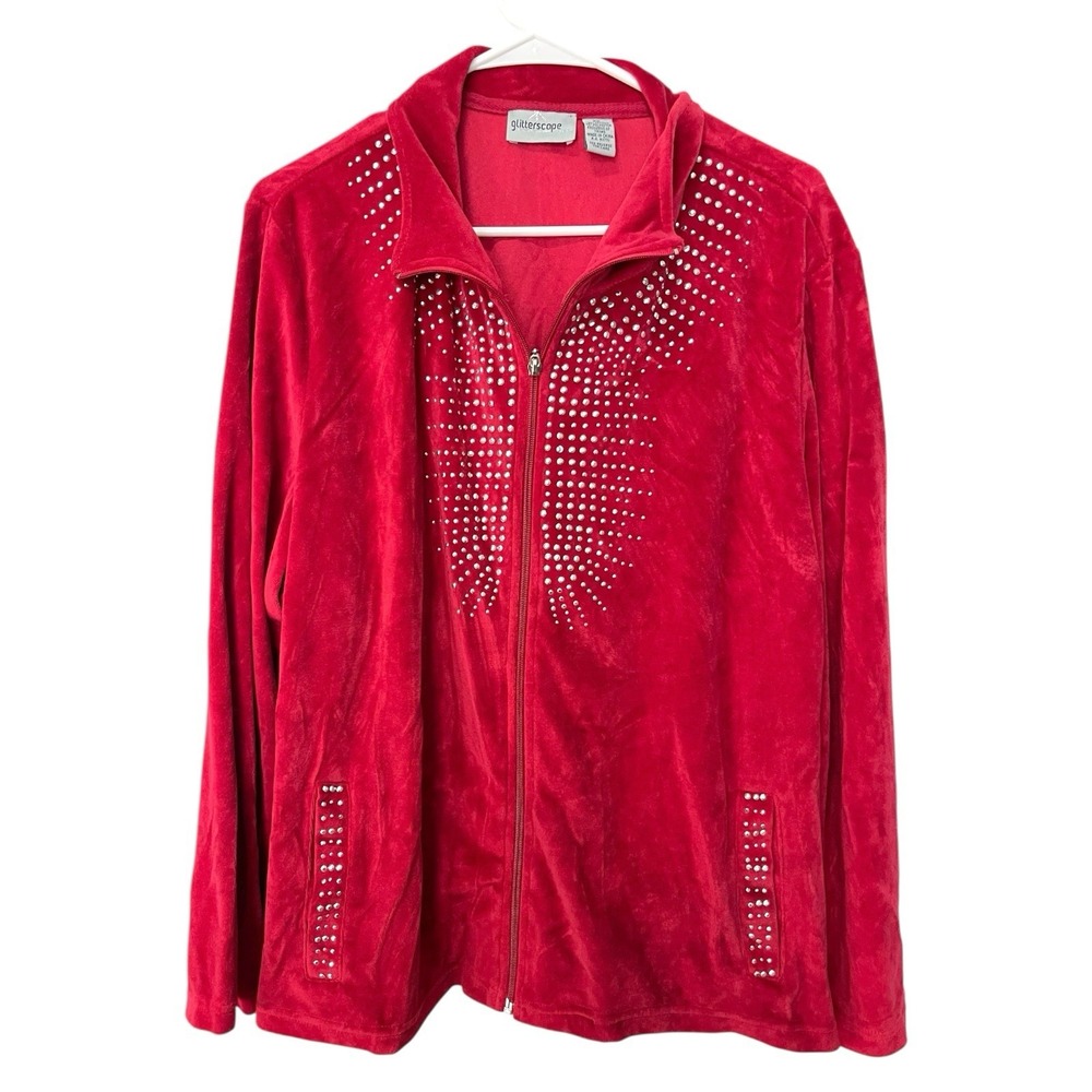 Glitterscape 2X Red Velour Rhinestone Zip Up Track Jacket Y2K Glam McBling Retro
